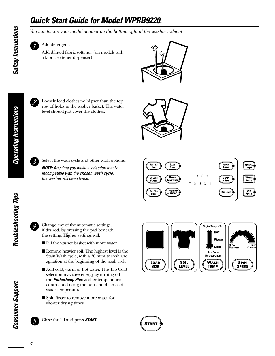 Controls, Quick start guides, Controls , 6 | Quick start guides , 6, Quick start guide for model wprb9220 | GE WPRB9250 User Manual | Page 4 / 20