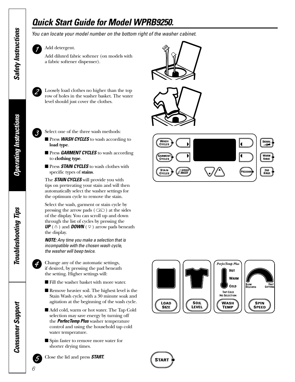 Quick start guide for model wprb9250 | GE WPRB9250 User Manual | Page 6 / 20