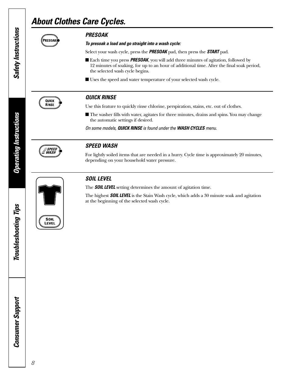 Clothes care cycles, Washer features, Clothes care cycles , 9 | Washer features –12, About clothes care cycles | GE WPRB9250 User Manual | Page 8 / 20