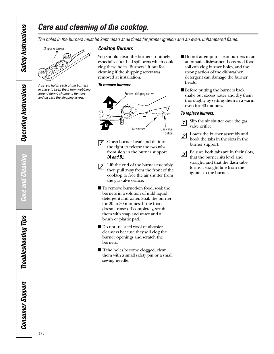 Burners, Care and cleaning of the cooktop | GE JGP321 User Manual | Page 10 / 64