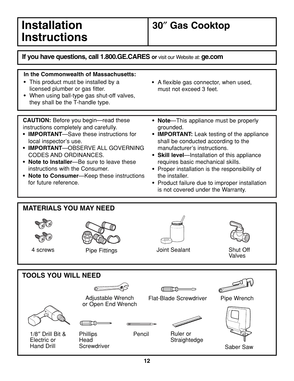 Installation instructions, 30 ″ gas cooktop | GE JGP321 User Manual | Page 12 / 64