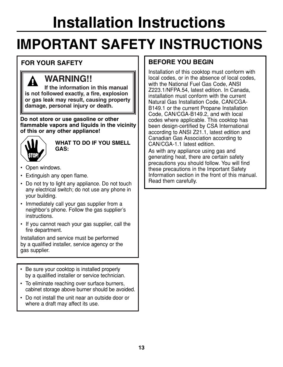 Installation instructions, Important safety instructions, Warning | GE JGP321 User Manual | Page 13 / 64