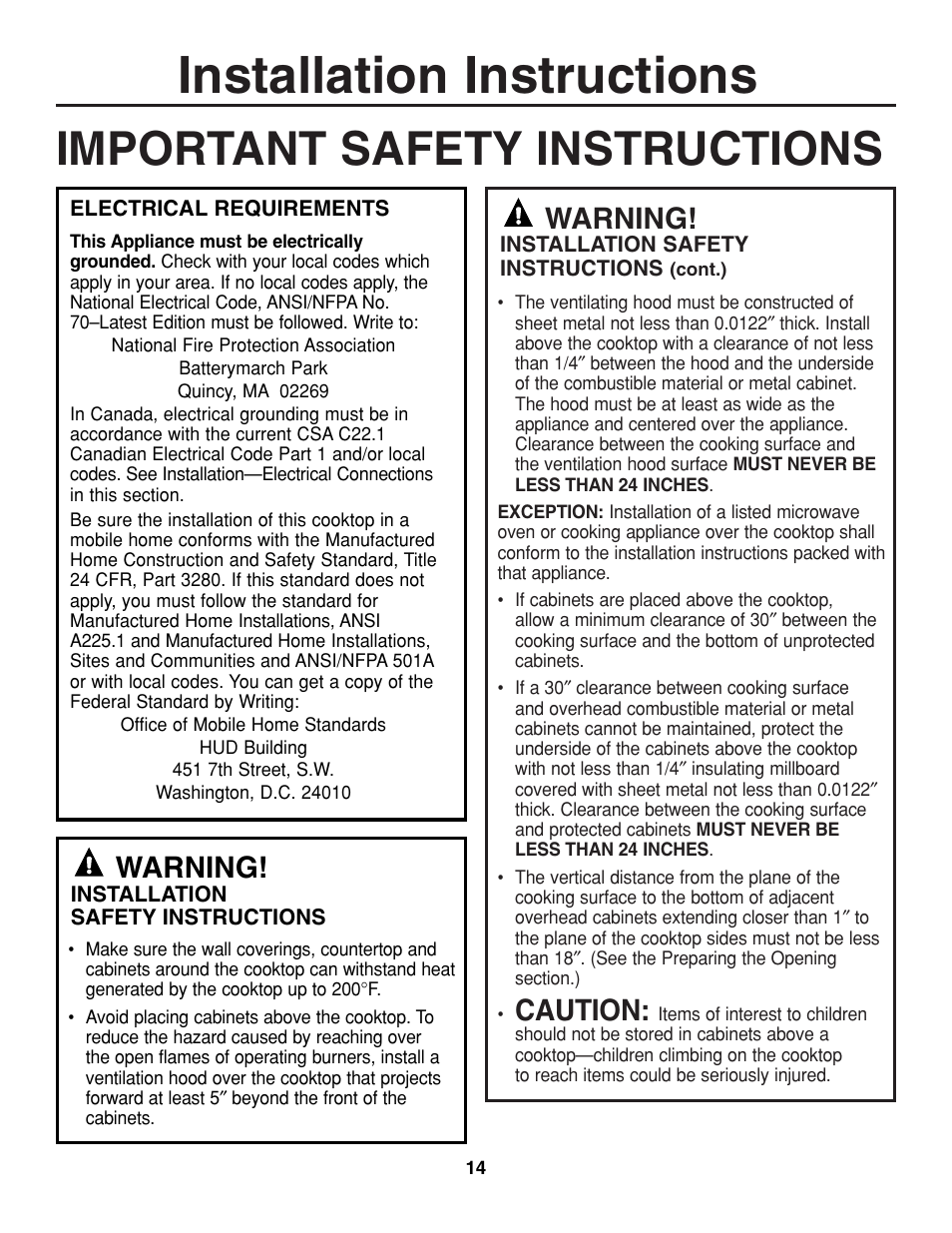 Installation instructions, Important safety instructions, Caution | Warning | GE JGP321 User Manual | Page 14 / 64