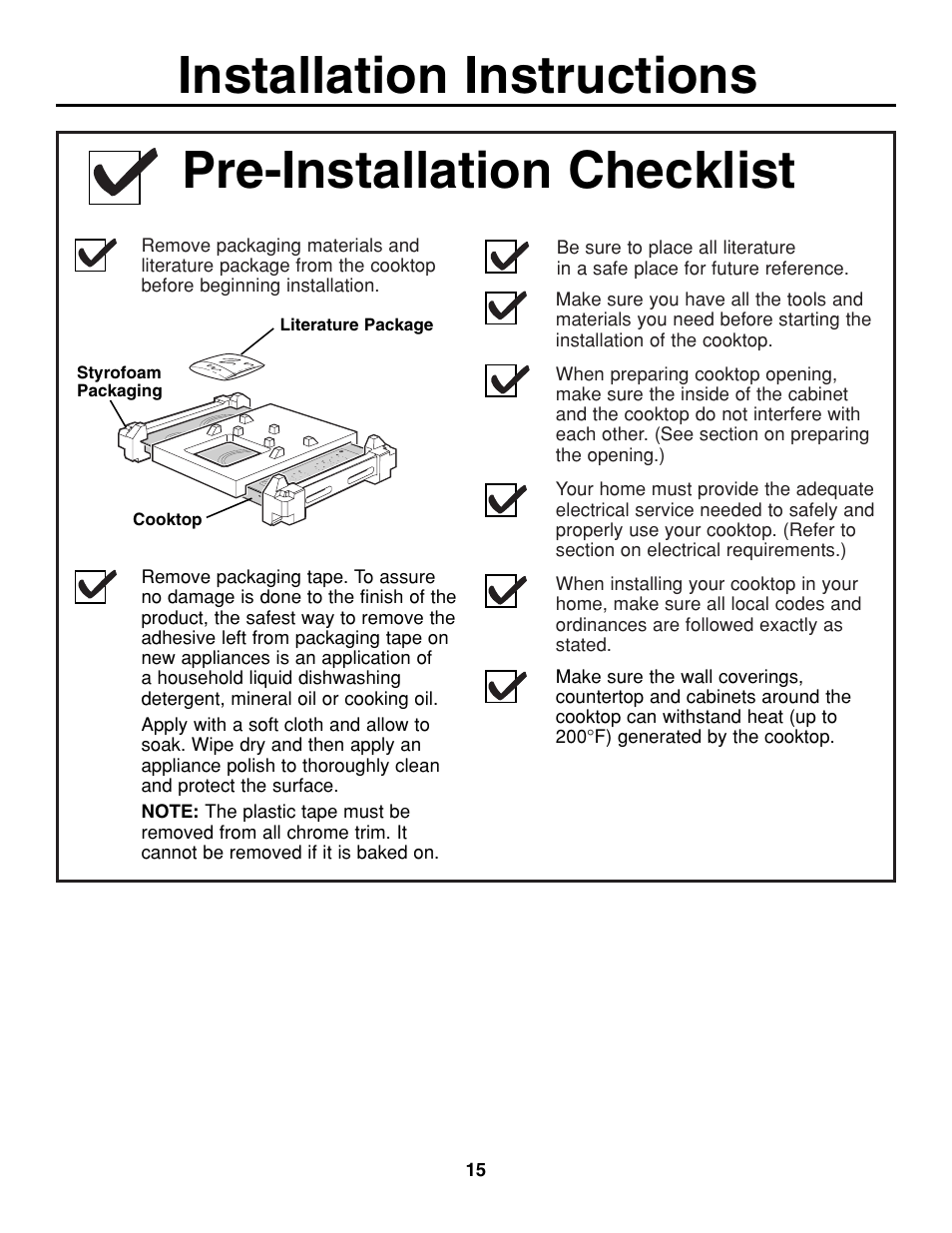 Pre-installation checklist, Installation instructions | GE JGP321 User Manual | Page 15 / 64