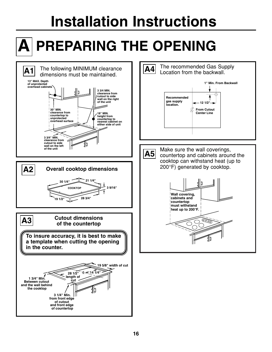 Installation instructions, Preparing the opening, A2 a1 | GE JGP321 User Manual | Page 16 / 64