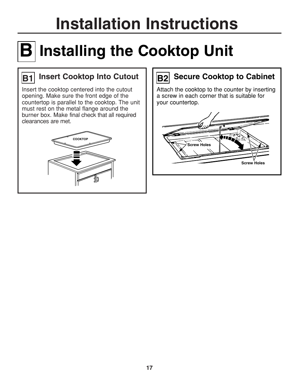 Installation instructions, Installing the cooktop unit | GE JGP321 User Manual | Page 17 / 64