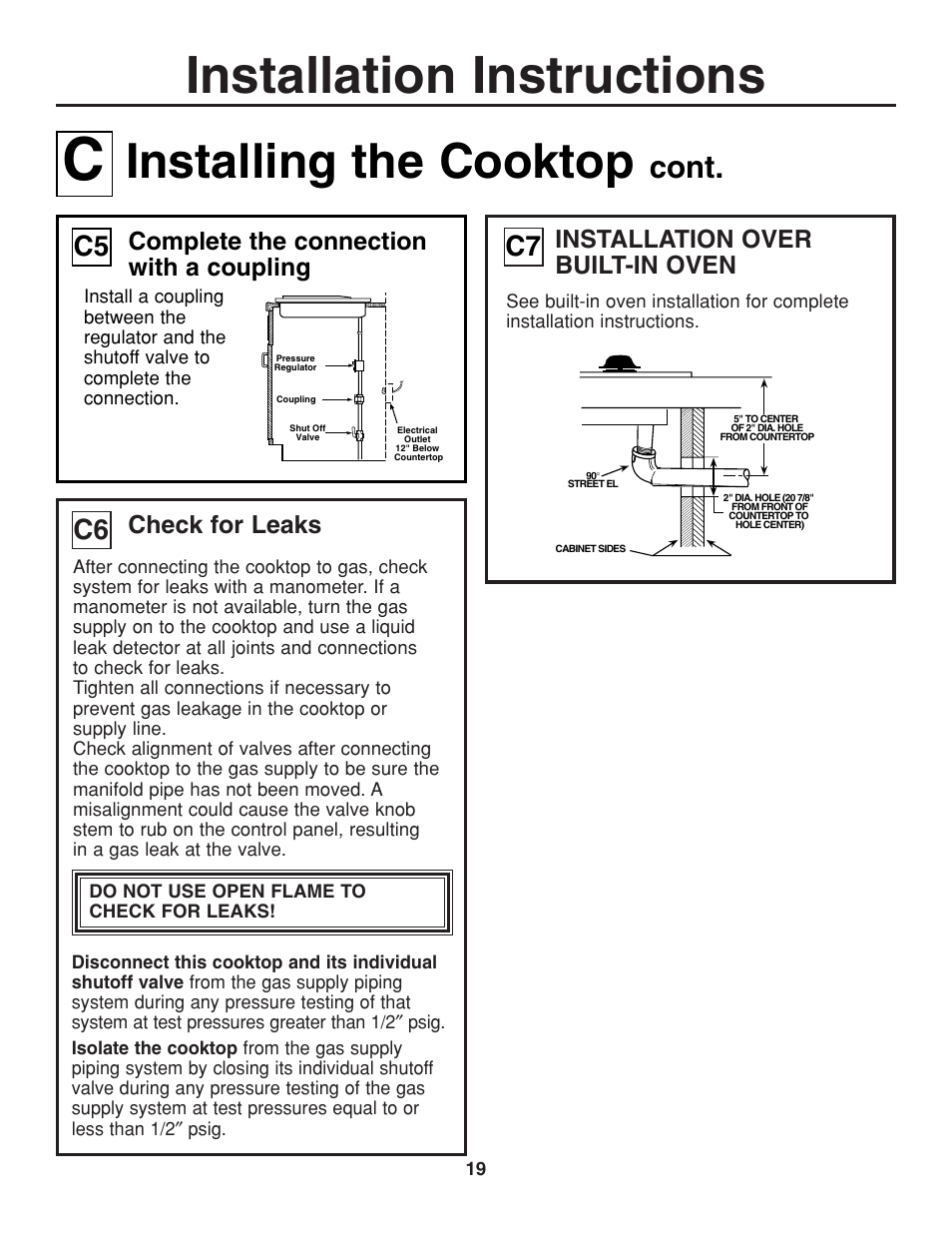 Installation instructions, Installing the cooktop, Cont | Check for leaks, Installation over built-in oven, Complete the connection with a coupling | GE JGP321 User Manual | Page 19 / 64