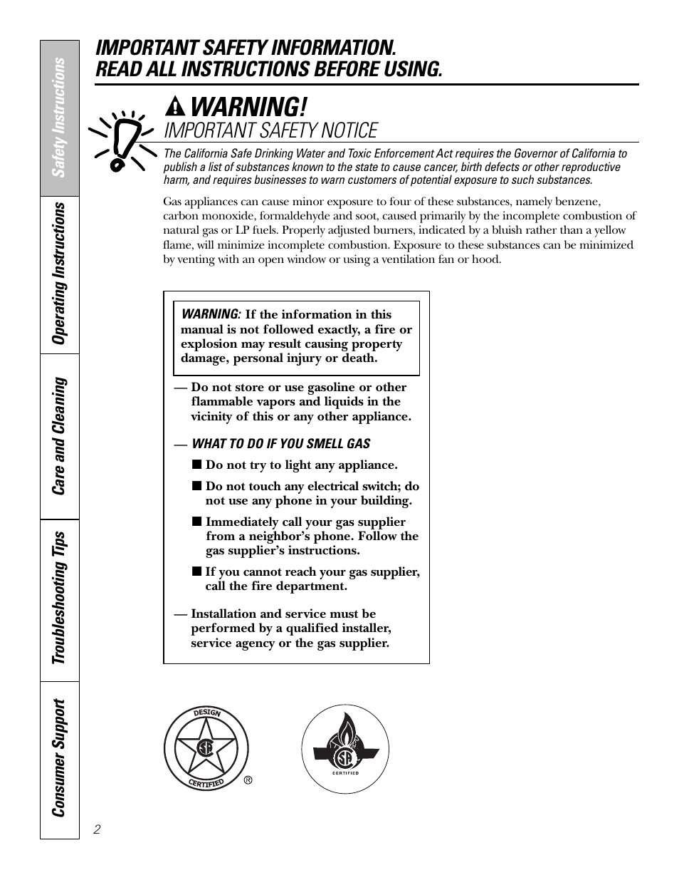 Safety instructions, Warning, Important safety notice | GE JGP321 User Manual | Page 2 / 64
