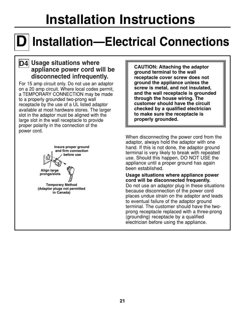 Installation instructions, Installation—electrical connections | GE JGP321 User Manual | Page 21 / 64