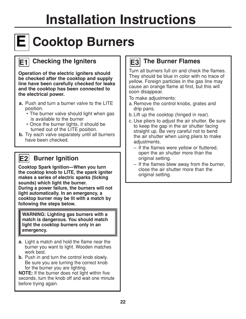 Installation instructions, Cooktop burners | GE JGP321 User Manual | Page 22 / 64