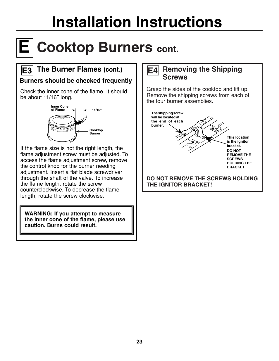 Installation instructions, Cooktop burners, Cont | GE JGP321 User Manual | Page 23 / 64