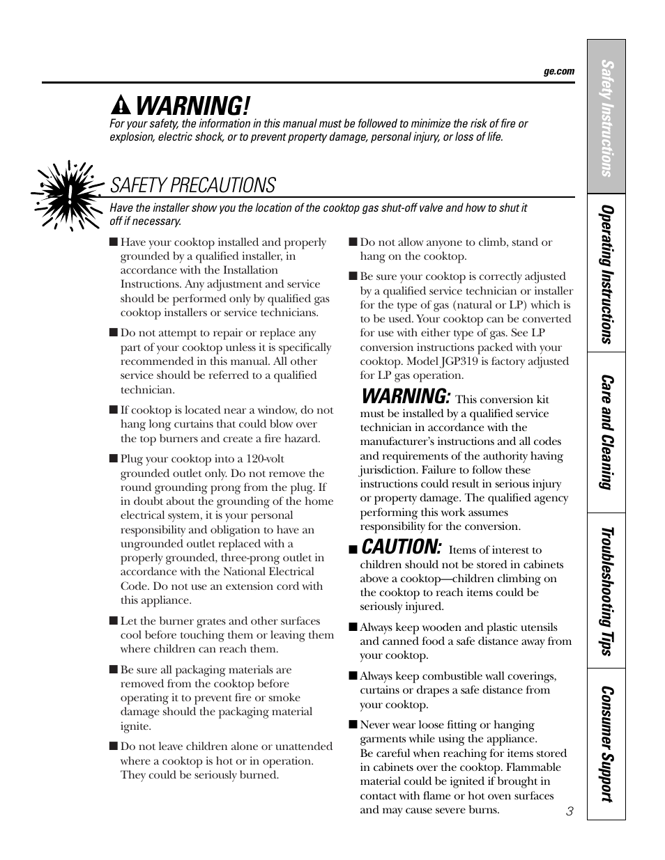 Warning, Caution, Safety precautions | GE JGP321 User Manual | Page 3 / 64