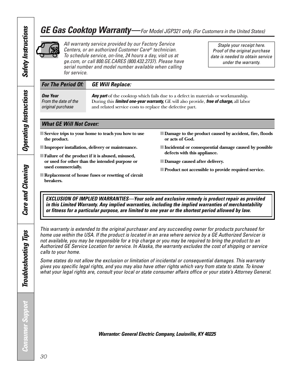 U.s. warranty, Ge gas cooktop warranty | GE JGP321 User Manual | Page 30 / 64