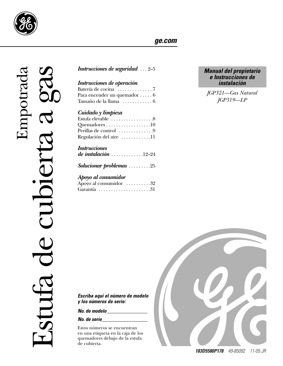 Spanish, Instrucciones de operación, Cuidado y limpieza | Apoyo al consumidor, Estufa de cubierta a gas, Empotrada | GE JGP321 User Manual | Page 33 / 64