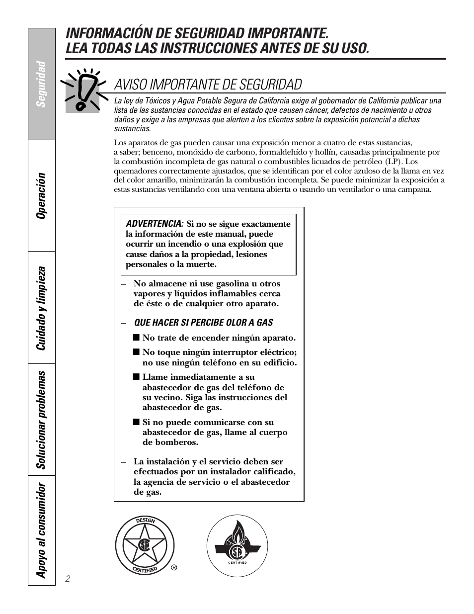 Instrucciones de seguridad, Aviso importante de seguridad | GE JGP321 User Manual | Page 34 / 64