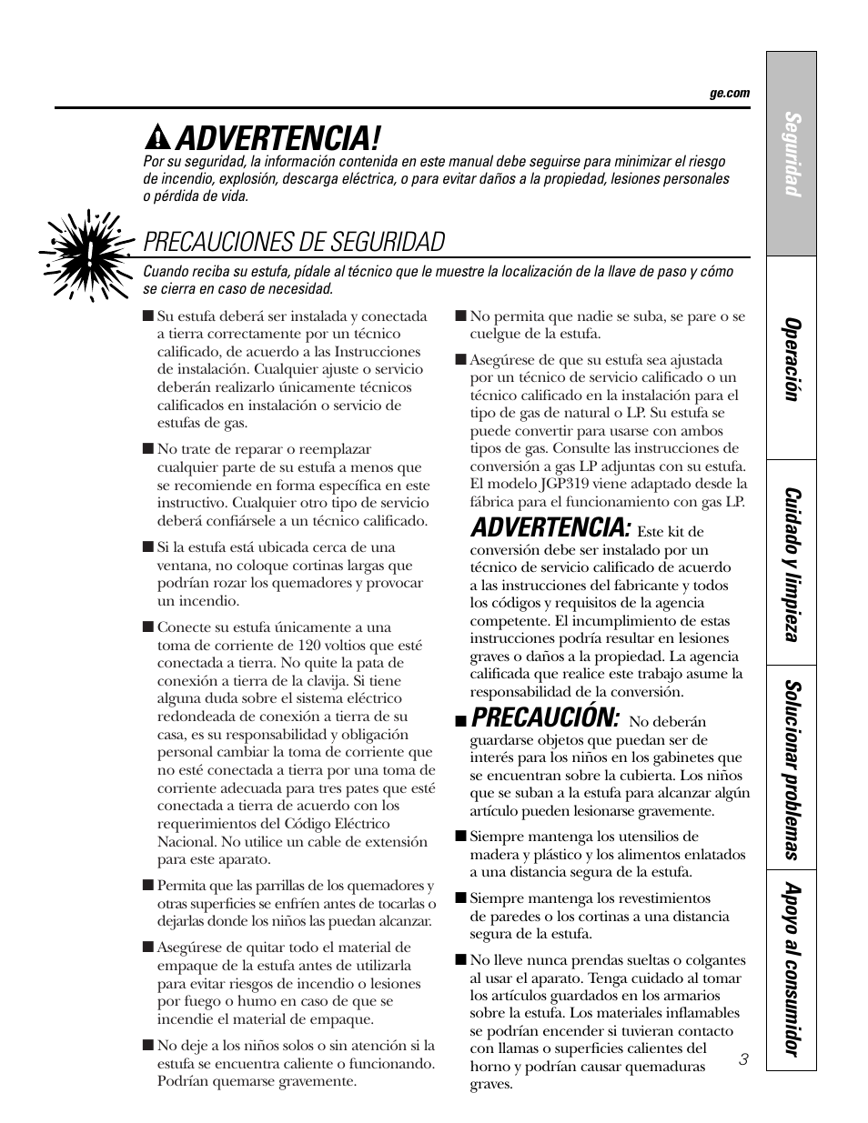 Advertencia, Precaución, Precauciones de seguridad | GE JGP321 User Manual | Page 35 / 64