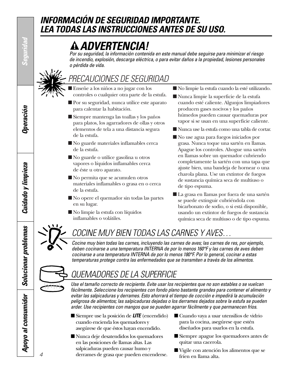 Advertencia, Precauciones de seguridad, Cocine muy bien todas las carnes y aves | Quemadores de la superficie | GE JGP321 User Manual | Page 36 / 64