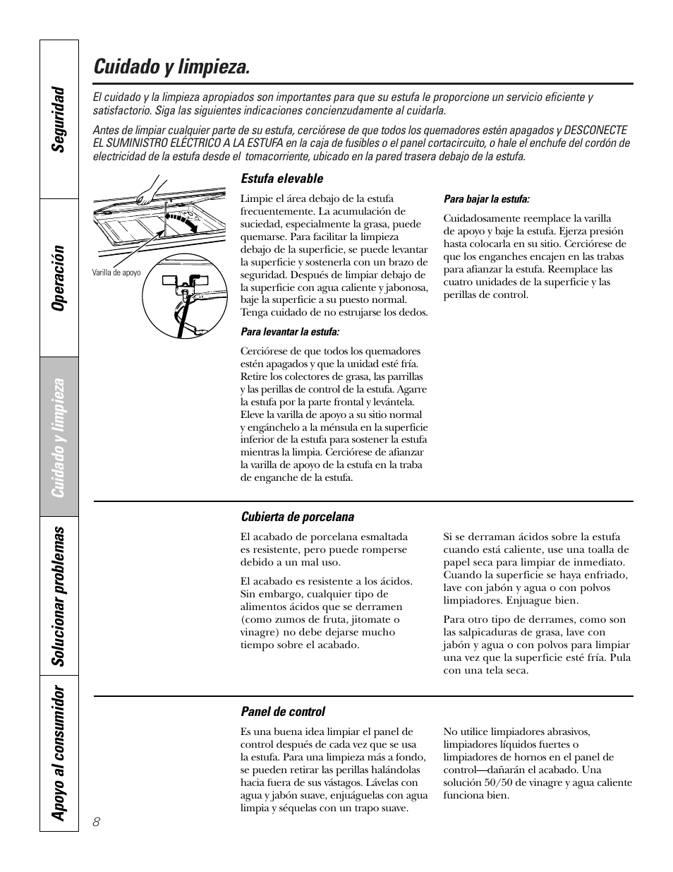 Estufa elevable, Cuidado y limpieza | GE JGP321 User Manual | Page 40 / 64