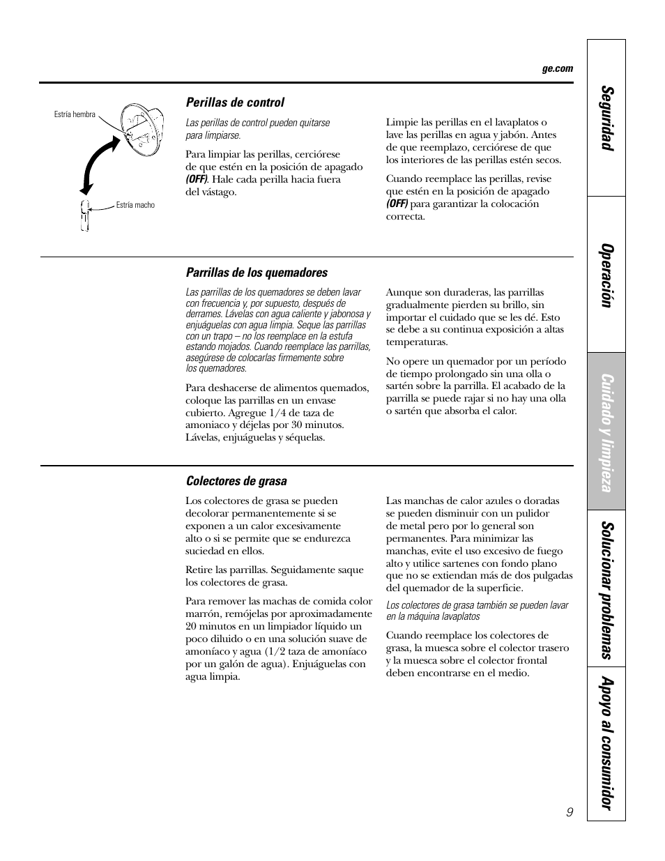 Perillas de control | GE JGP321 User Manual | Page 41 / 64