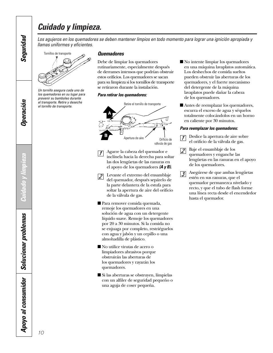 Quemadores, Cuidado y limpieza | GE JGP321 User Manual | Page 42 / 64