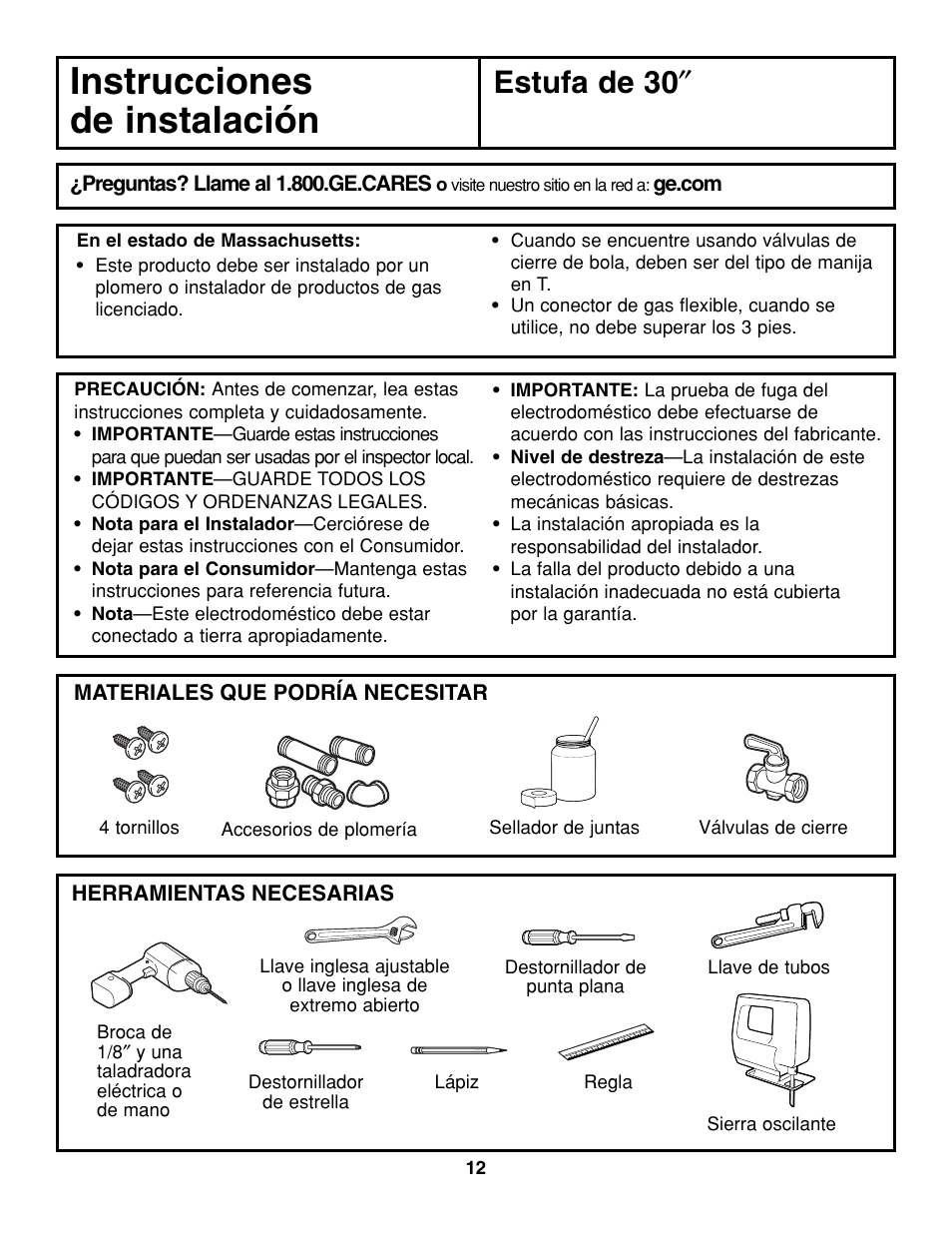 Instrucciones de instalación, Estufa de 30 | GE JGP321 User Manual | Page 44 / 64