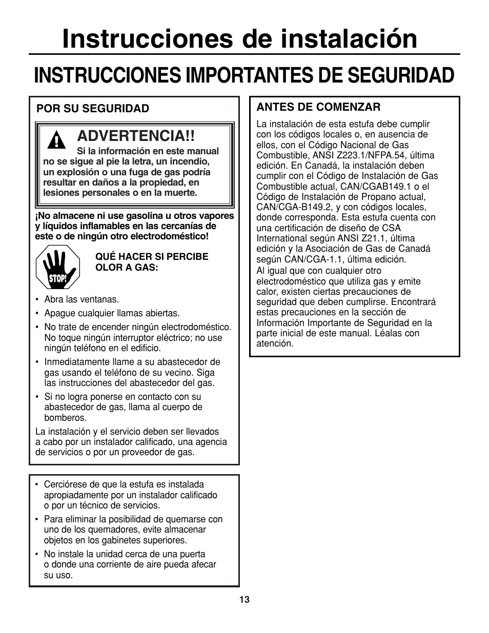 Instrucciones de instalación, Instrucciones importantes de seguridad, Advertencia | GE JGP321 User Manual | Page 45 / 64