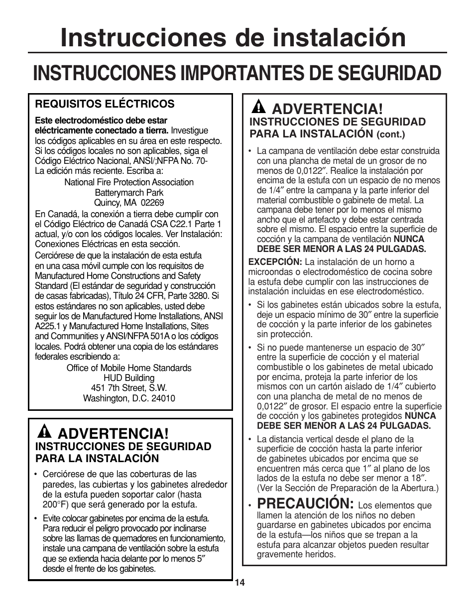 Instrucciones de instalación, Instrucciones importantes de seguridad, Precaución | Advertencia | GE JGP321 User Manual | Page 46 / 64
