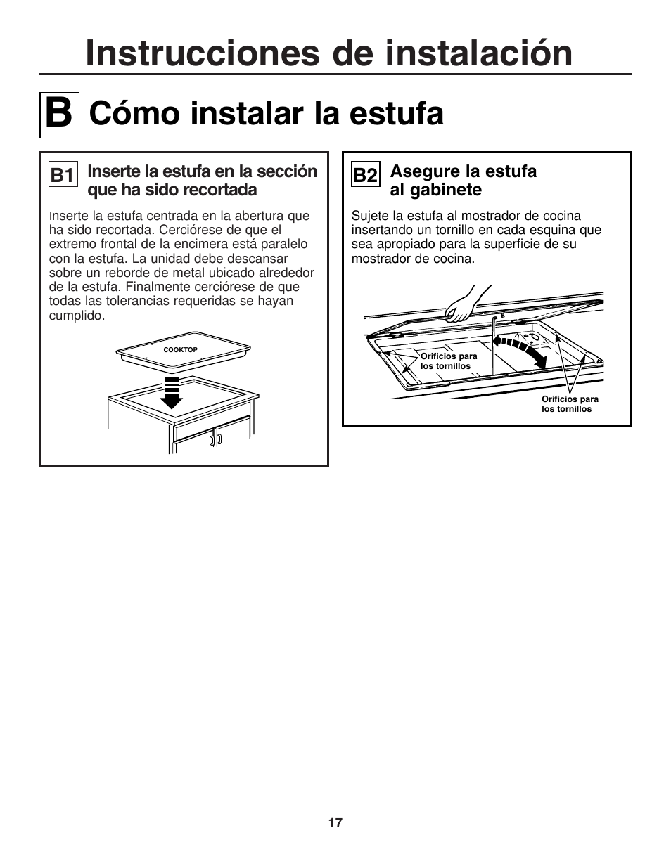 Instrucciones de instalación, Cómo instalar la estufa | GE JGP321 User Manual | Page 49 / 64