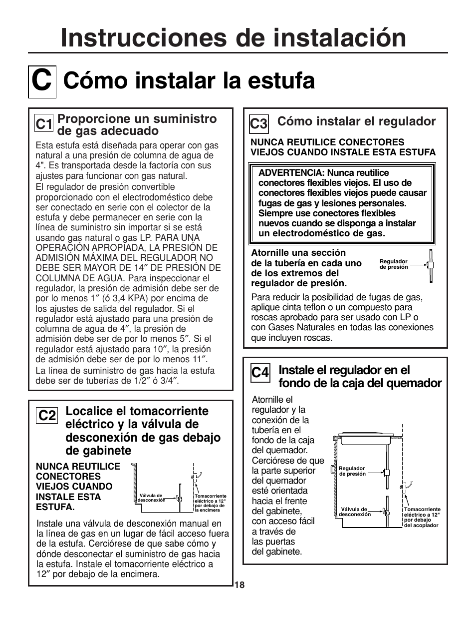 Instrucciones de instalación, Cómo instalar la estufa, C1 c3 | GE JGP321 User Manual | Page 50 / 64