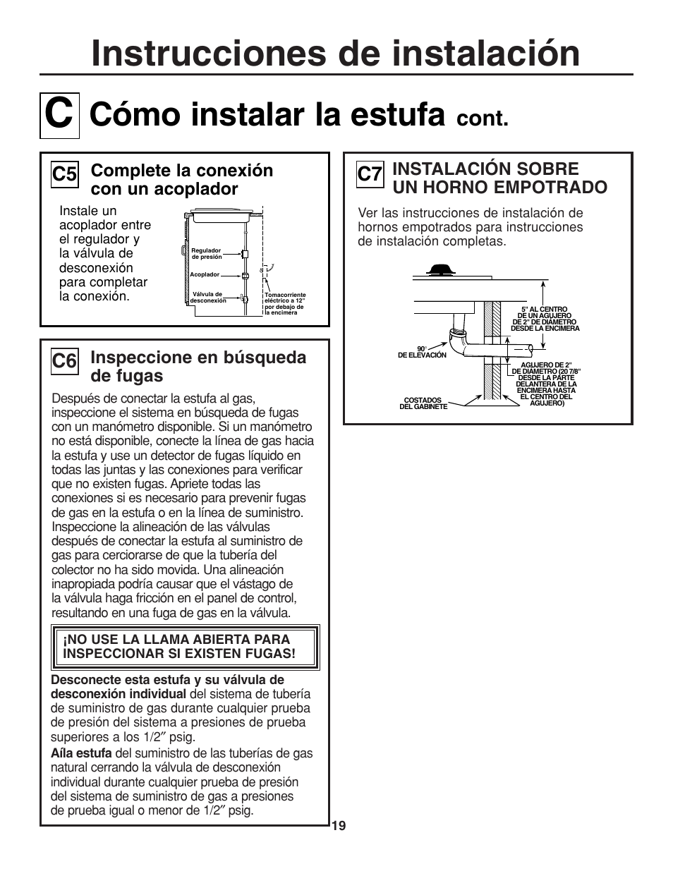 Instrucciones de instalación, Cómo instalar la estufa, Cont | Inspeccione en búsqueda de fugas, Instalación sobre un horno empotrado, Complete la conexión con un acoplador | GE JGP321 User Manual | Page 51 / 64