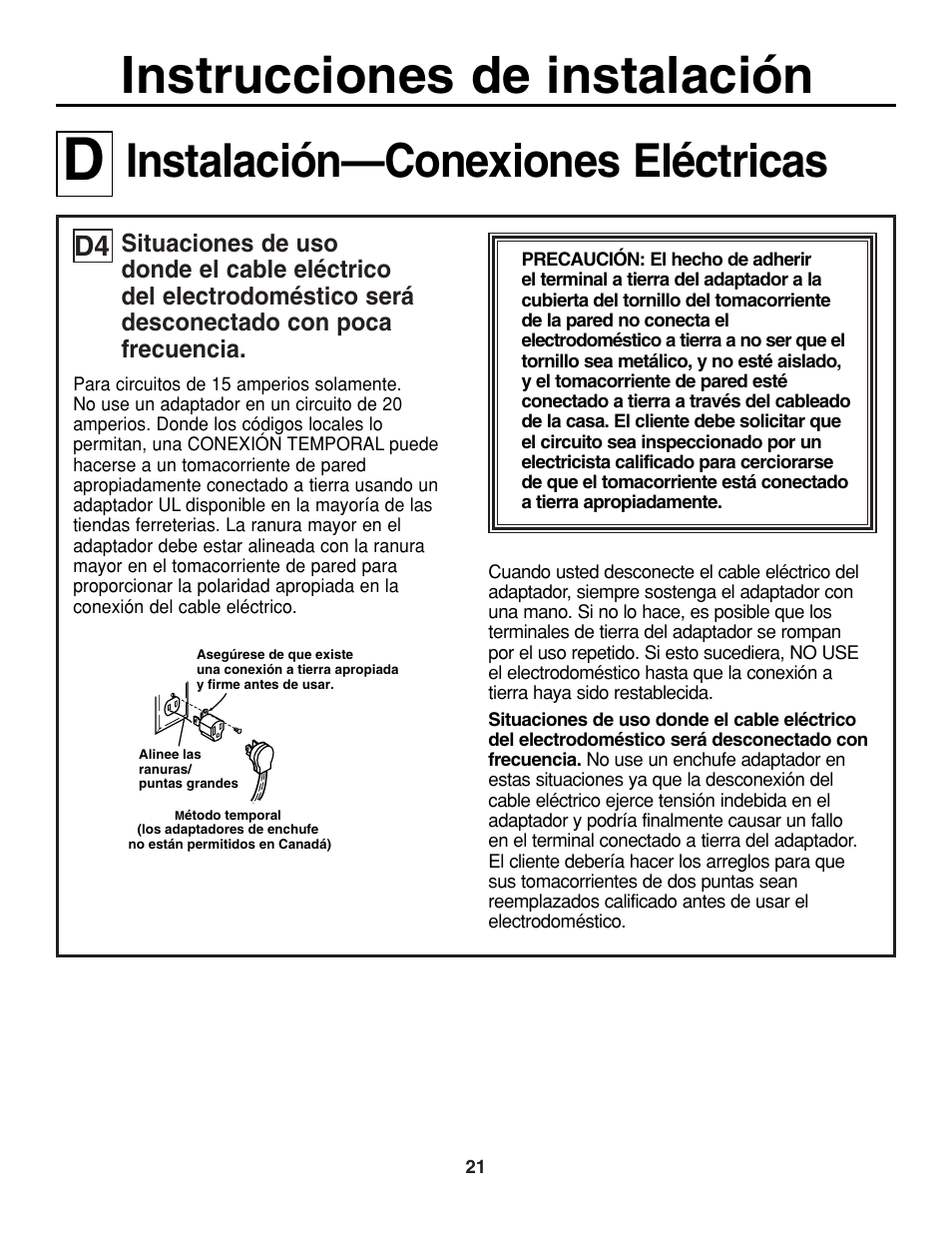 Instrucciones de instalación, Instalación—conexiones eléctricas | GE JGP321 User Manual | Page 53 / 64