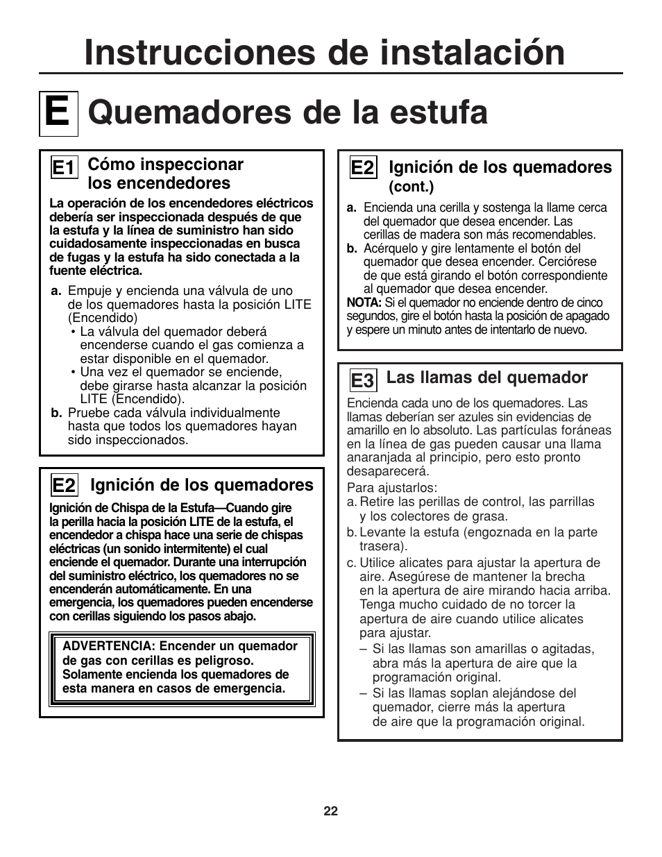Instrucciones de instalación, Quemadores de la estufa | GE JGP321 User Manual | Page 54 / 64
