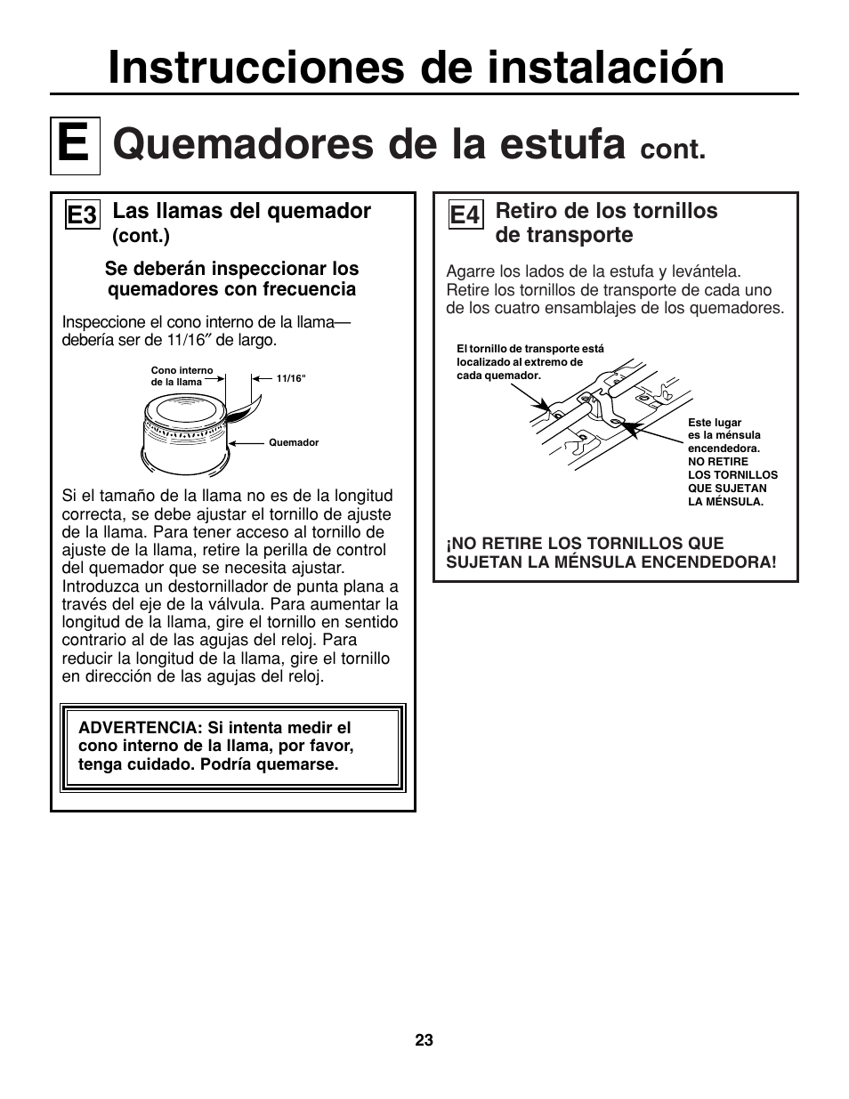 Instrucciones de instalación, Quemadores de la estufa, Cont | GE JGP321 User Manual | Page 55 / 64