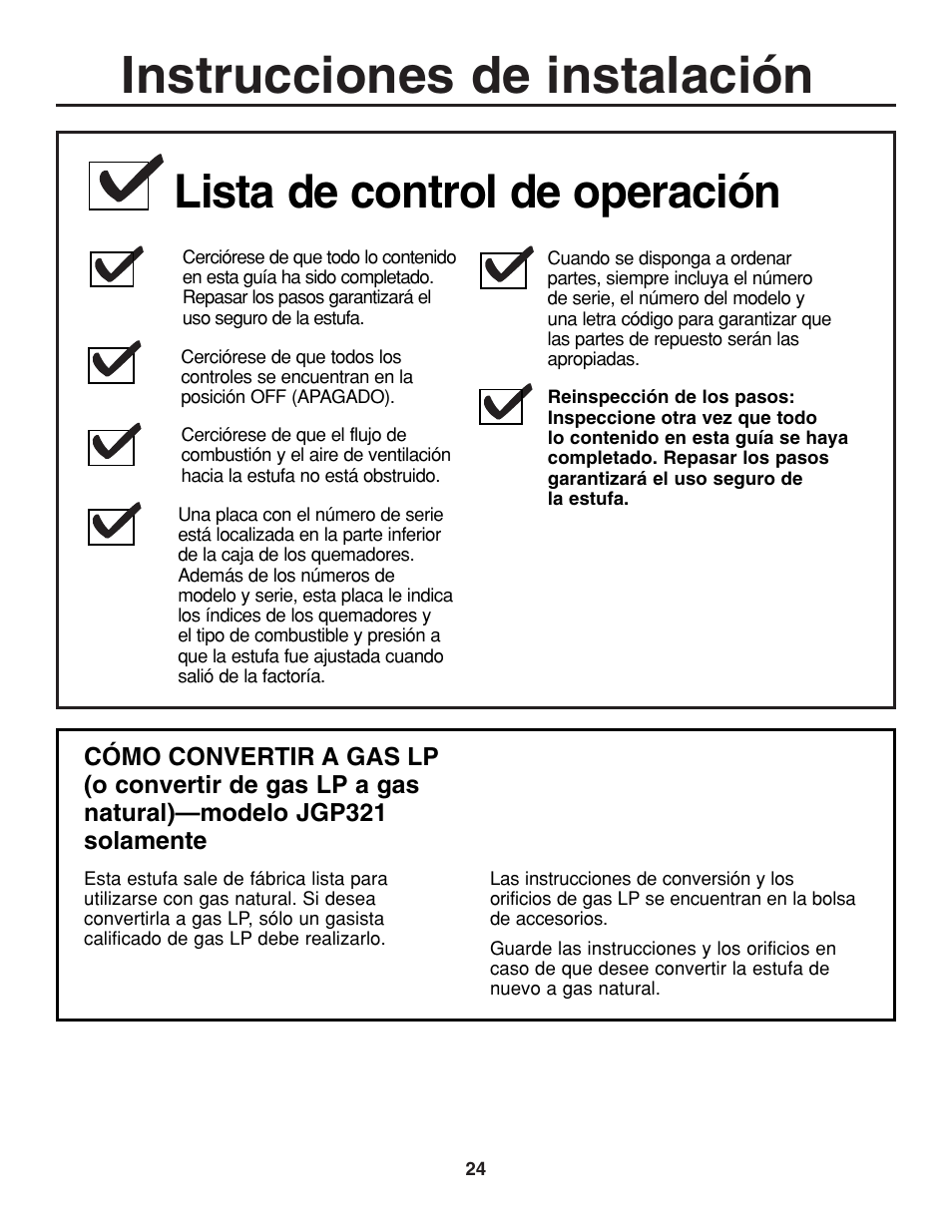 Instrucciones de instalación, Lista de control de operación | GE JGP321 User Manual | Page 56 / 64
