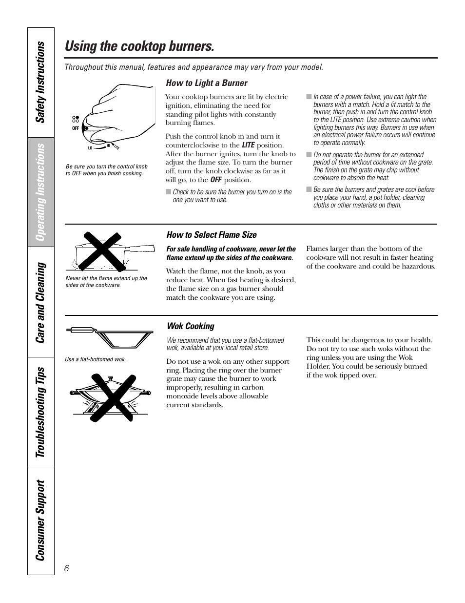 Flame size, Lighting a burner, Flame size lighting a burner | Using the cooktop burners | GE JGP321 User Manual | Page 6 / 64