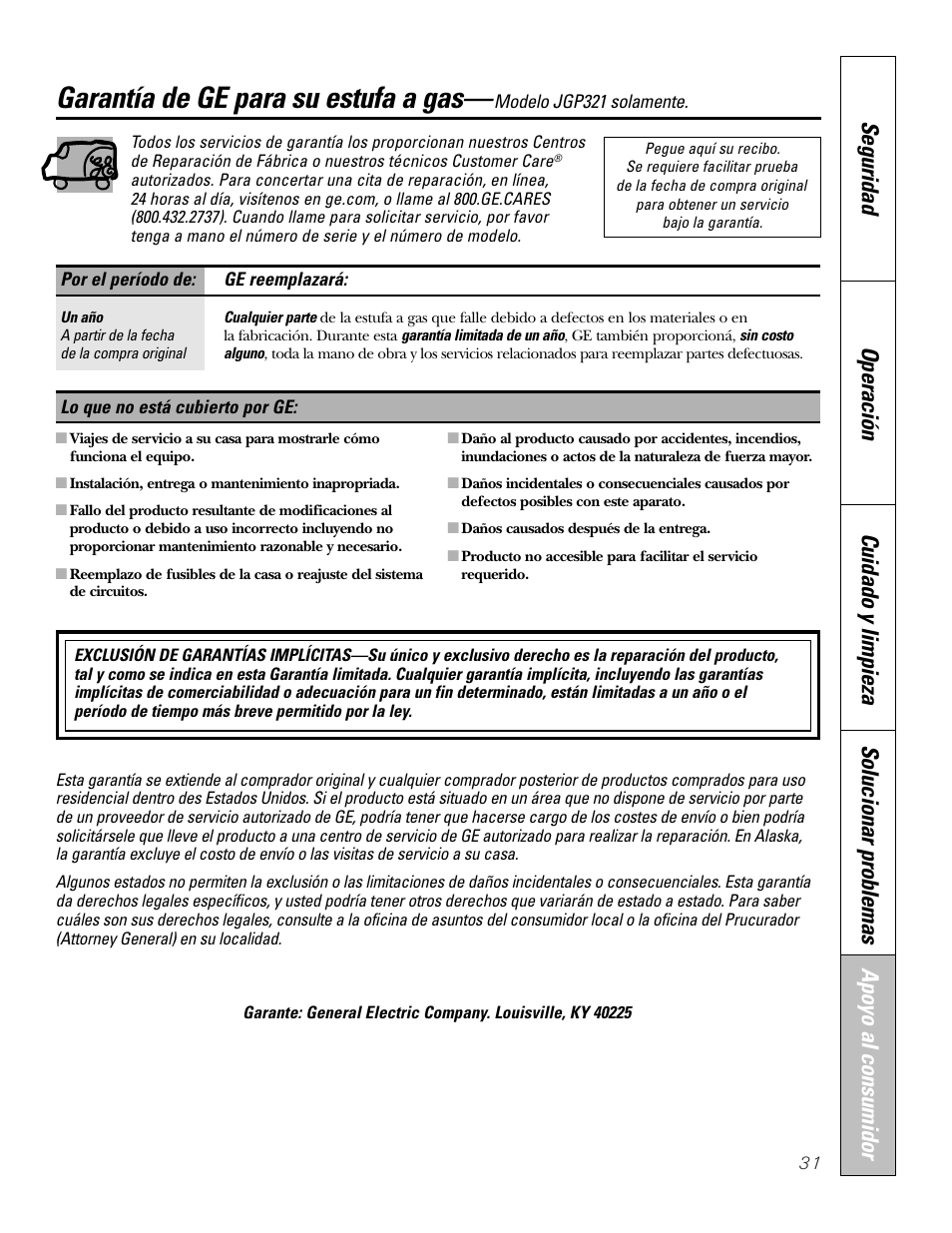 Garantía, Garantía de ge para su estufa a gas | GE JGP321 User Manual | Page 63 / 64