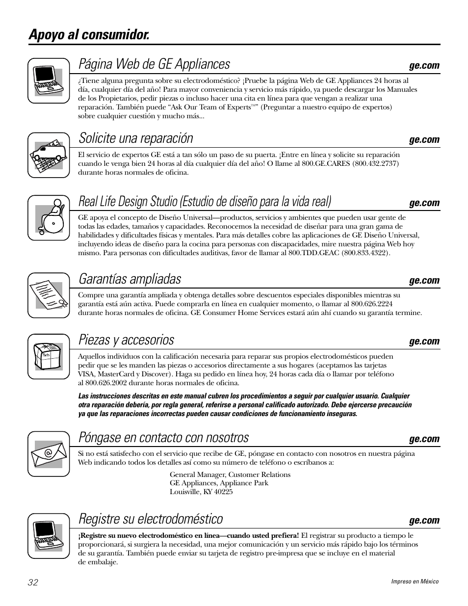 Apoyo al consumidor, Apoyo al consumidor. página web de ge appliances, Solicite una reparación | Garantías ampliadas, Piezas y accesorios, Póngase en contacto con nosotros, Registre su electrodoméstico | GE JGP321 User Manual | Page 64 / 64