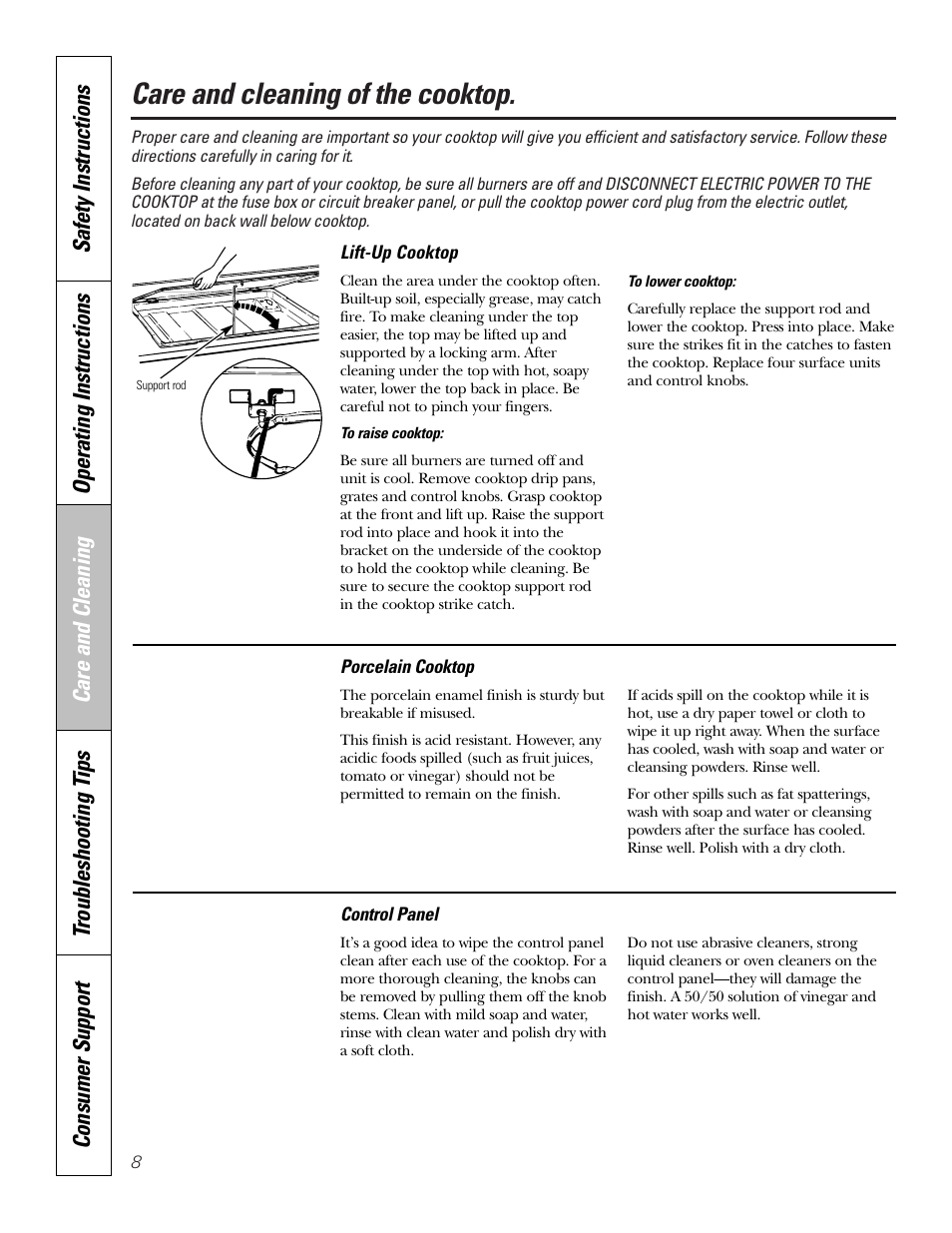 Lift-up cooktop, Care and cleaning of the cooktop | GE JGP321 User Manual | Page 8 / 64