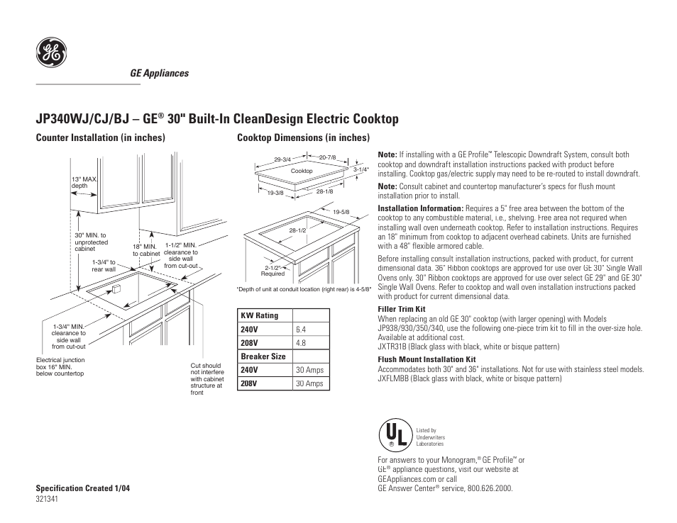 GE JP340BJ User Manual | 2 pages