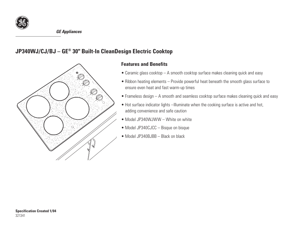 Jp340wj/cj/bj, Jp340wj/cj/bj – ge, 30" built-in cleandesign electric cooktop | GE JP340BJ User Manual | Page 2 / 2