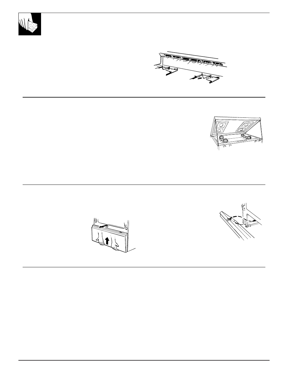 Lift-up cooktop, Oven vents, Stainless steel surfaces | Care and cleaning, Oven air vents, Removable kick panel | GE EGR3001 User Manual | Page 34 / 52