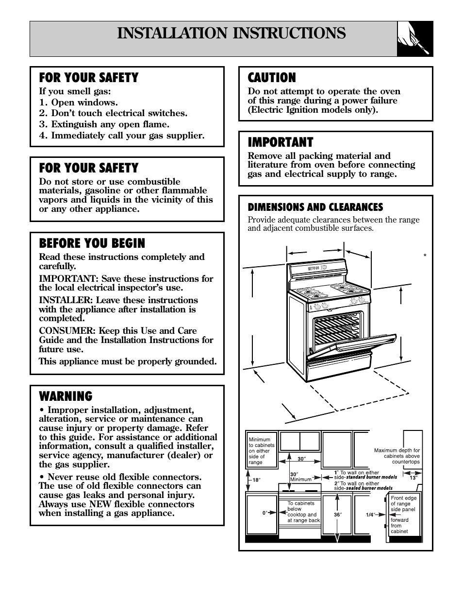 Preparation, Installation instructions, Installation instructions –45 | Important, For your safety, Before you begin, Warning, Caution, Dimensions and clearances | GE EGR3001 User Manual | Page 35 / 52