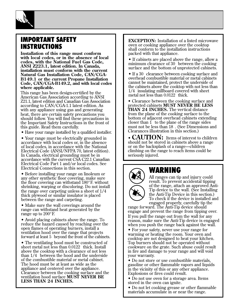 Warning, 36 installation instructions, Important safety instructions | Caution | GE EGR3001 User Manual | Page 36 / 52