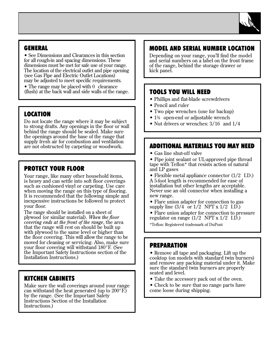 Flooring under the range, General, Location | Protect your floor, Kitchen cabinets, Model and serial number location, Tools you will need, Additional materials you may need, Preparation | GE EGR3001 User Manual | Page 37 / 52