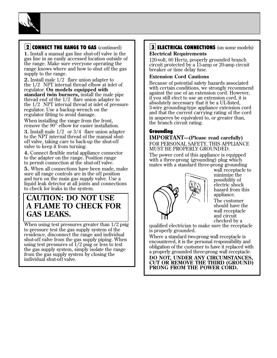 40 installation instructions, Caution: do not use a flame to check for gas leaks | GE EGR3001 User Manual | Page 40 / 52