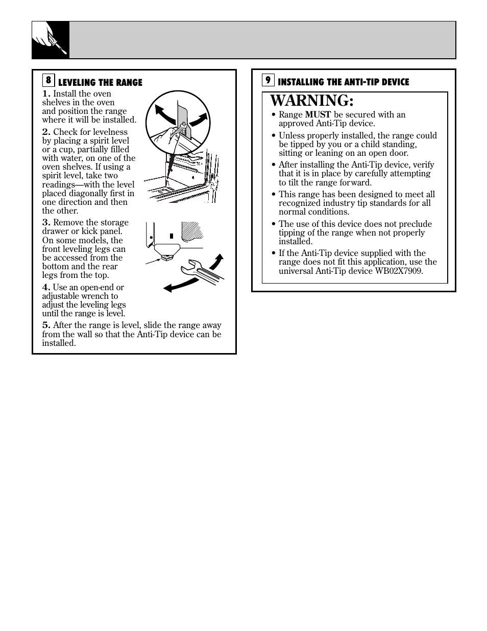 Leveling, 44 installation instructions, Warning | GE EGR3001 User Manual | Page 44 / 52