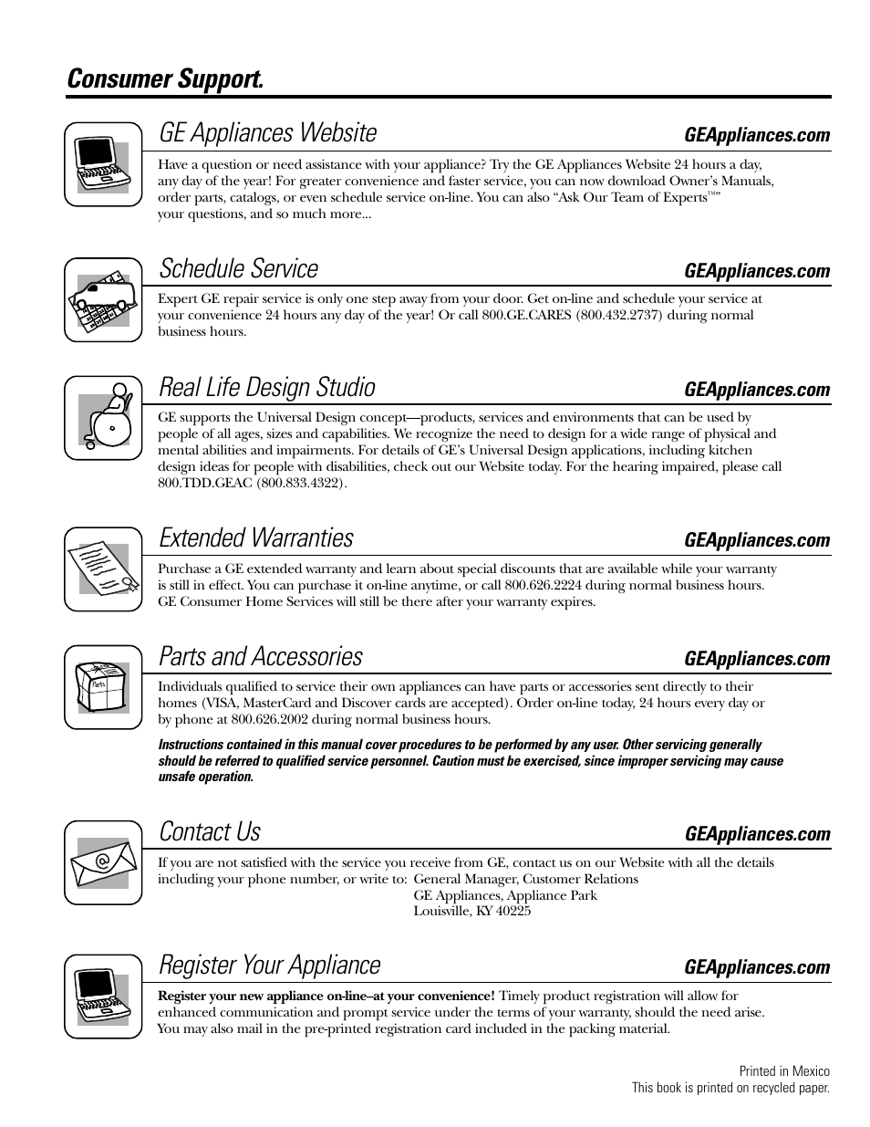 Consumer support, Consumer support . . . . . . . . . .back cover, Consumer support. ge appliances website | Schedule service, Real life design studio, Extended warranties, Parts and accessories, Contact us, Register your appliance | GE EGR3001 User Manual | Page 52 / 52