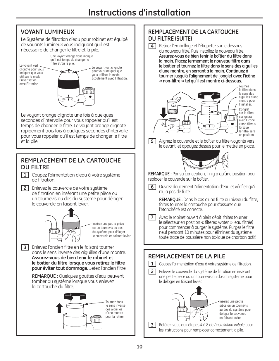 Instructions d’installation, Remplacement de la pile, Voyant lumineux | Remplacement de la cartouche du filtre, Remplacement de la cartouche du filtre (suite) | GE GXFM07HBL User Manual | Page 10 / 20