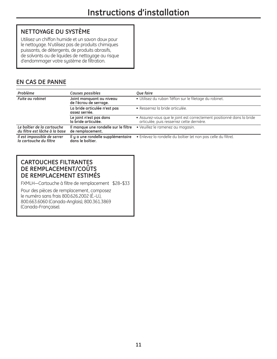 Instructions d’installation, Nettoyage du système | GE GXFM07HBL User Manual | Page 11 / 20