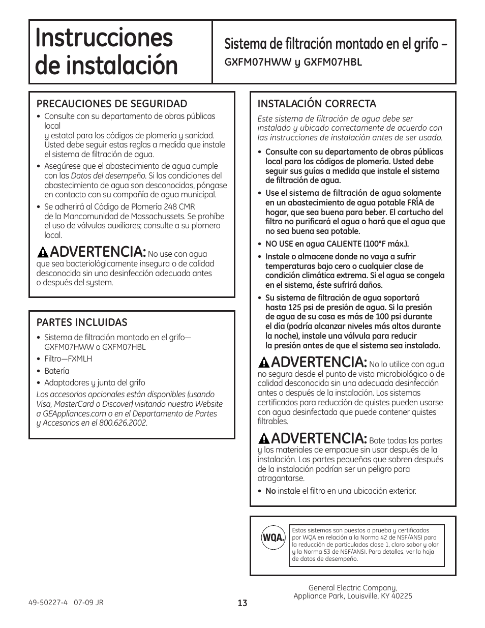 Instrucciones, De instalación, Advertencia | Sistema de filtración montado en el grifo | GE GXFM07HBL User Manual | Page 13 / 20